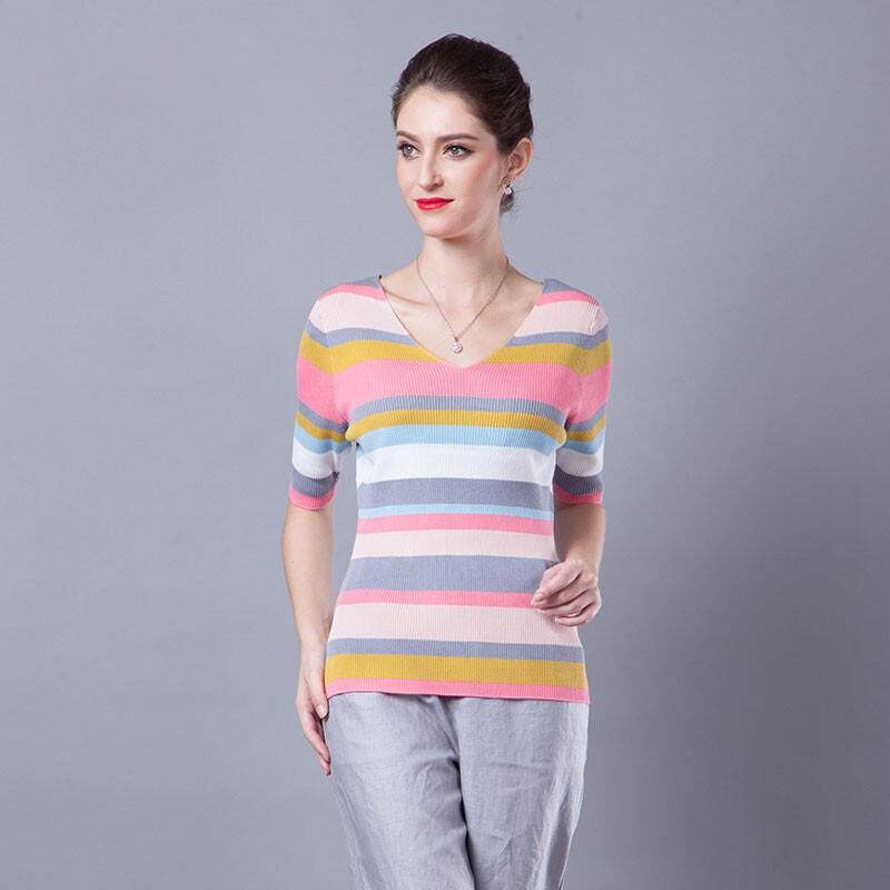 Anlom Women's Slim-Fit Striped V-Neck Knit Top