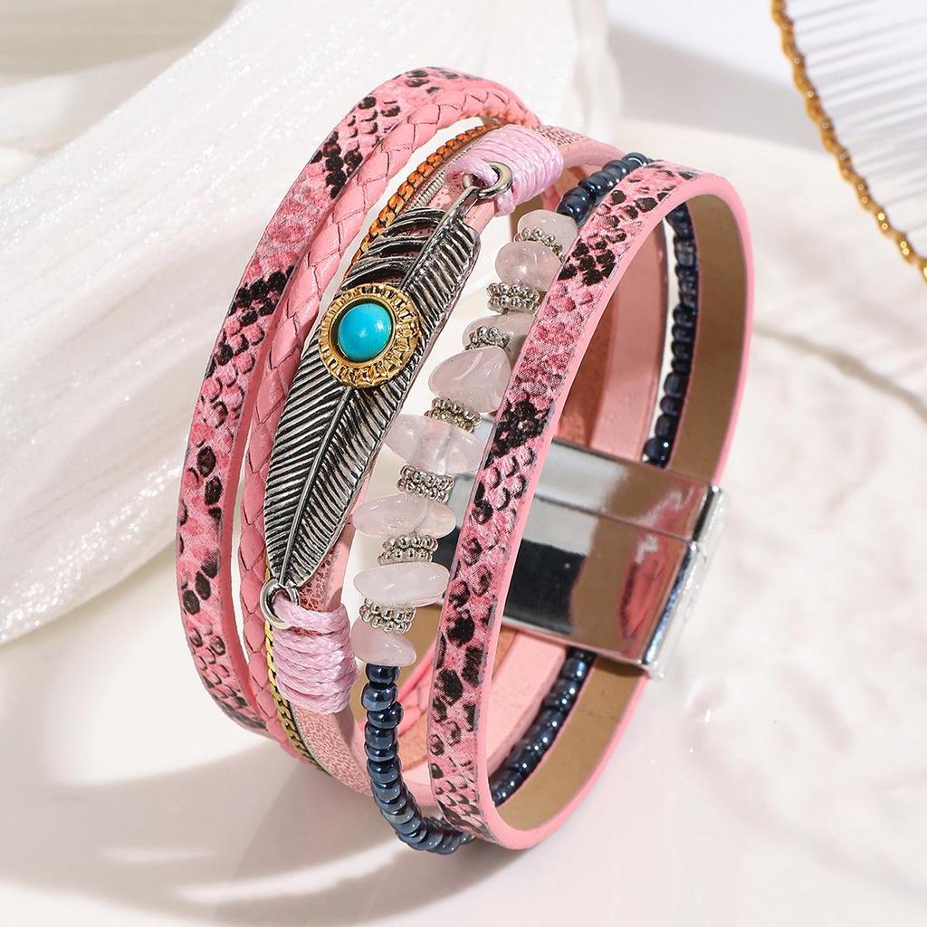 Bohemian Style Crushed Stone Feather Leather Bracelet with Vintage Turquoise and Magnetic Clasp