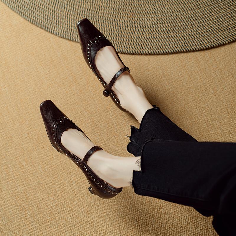 Fashion 2025 New Spring Women Pumps Square Toe Women Shoes Retro Shallow Genuine Leather Ladies Shoes Sheepskin Mary Janes