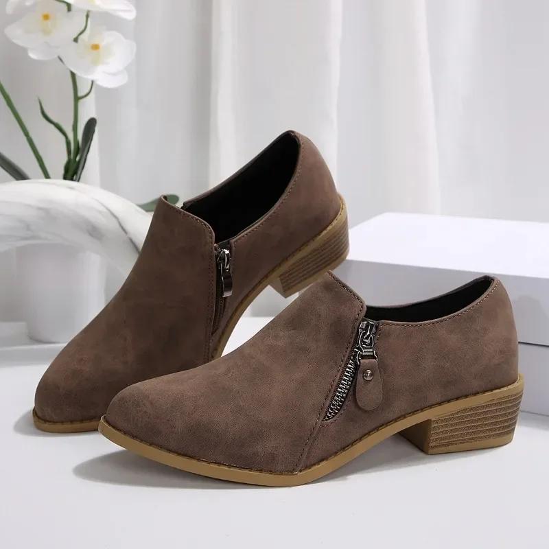 Fashion 2024 Fashionwomens Shoes Zipper Design Springandautumnnew Style Pointed Toe Solid Color Mid-heel Casual Large Size Women's Shoes