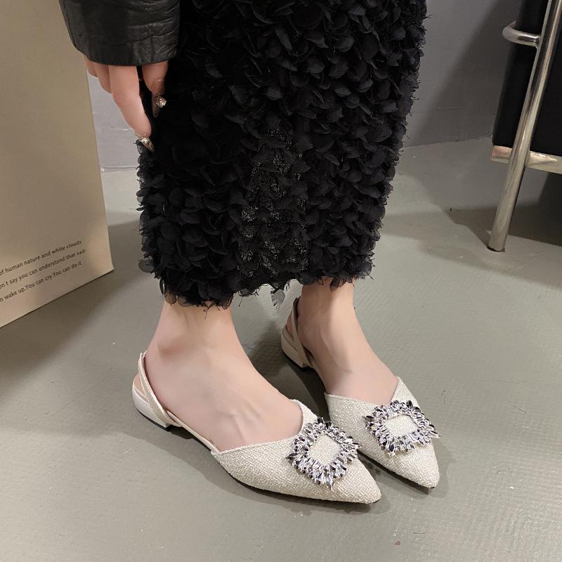 2025 New Summer Fairy Style Temperament Shallow Mouth Pointed Head Rhinestone Square Buckle Thin Heel Bag Head Rear Empty Low Heel Sandals Woman