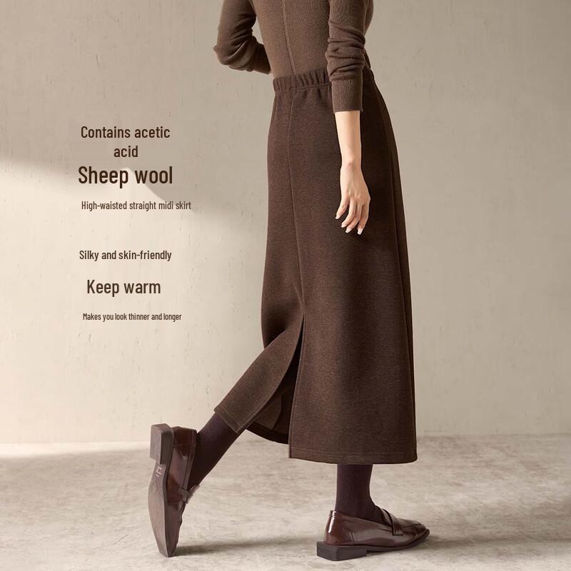 Mo Han Yi Mei Women s Wool-Blend Straight Midi Skirt with Back Slit M