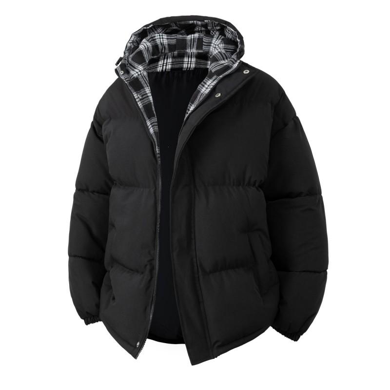 Mens Winter Hooded Puffer Coat Plaid Cotton Jacket Loose Warm Fashion Trendy Casual Outerwear