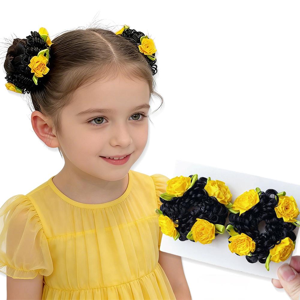 Aylhfo Girls' Spring 2pcs Colorful Flower Wig Scrunchies/Cute Bohemian Style Fabric Flower Wig Ponytail Hair Ties