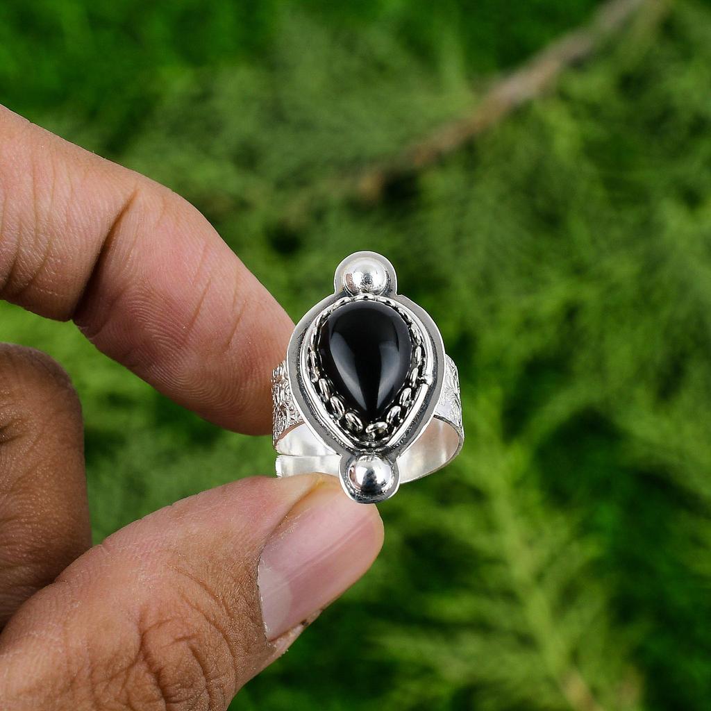 Pear Black Onyx Stone Anniversary Mother Elegant Statement Bezel Ring 925 Silver