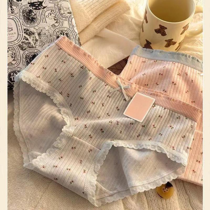Damen Baumwollunterwäsche Sexy Spitze Slips Mädchen Blumenfaden Slips Mittelhoch Nahtlose Unterhosen Damen Lingerie
