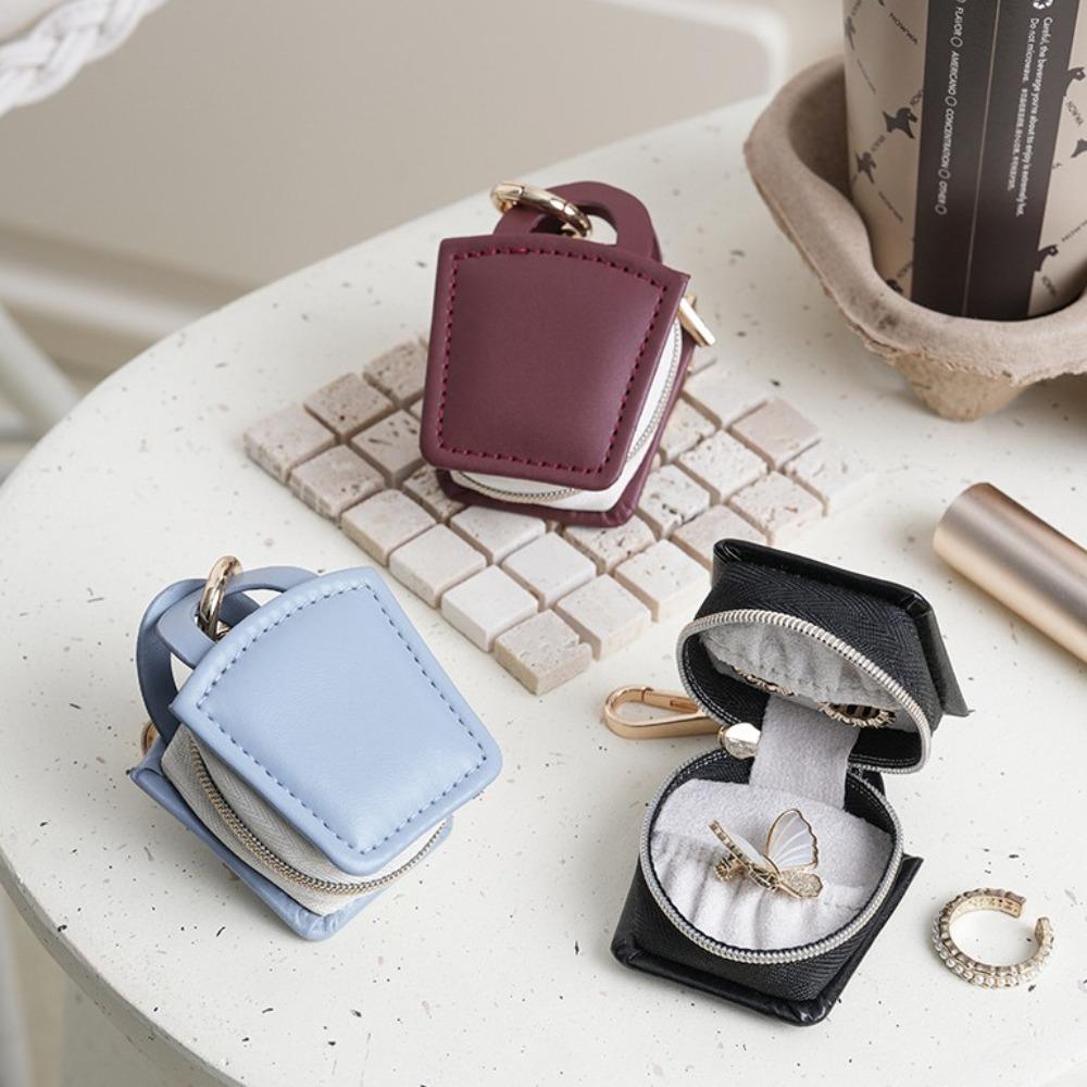 Cute Mini PU Jewelry Box With Keychain Ring Case Durable Jewelry Display Box  Outdoor