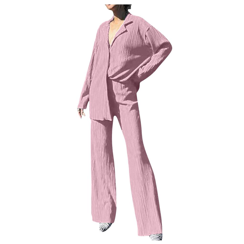 Women's 2 Piece Casual Outfits Long Sleeve Button Down Shirt High Waist Long Pants Loungewear Streetwear