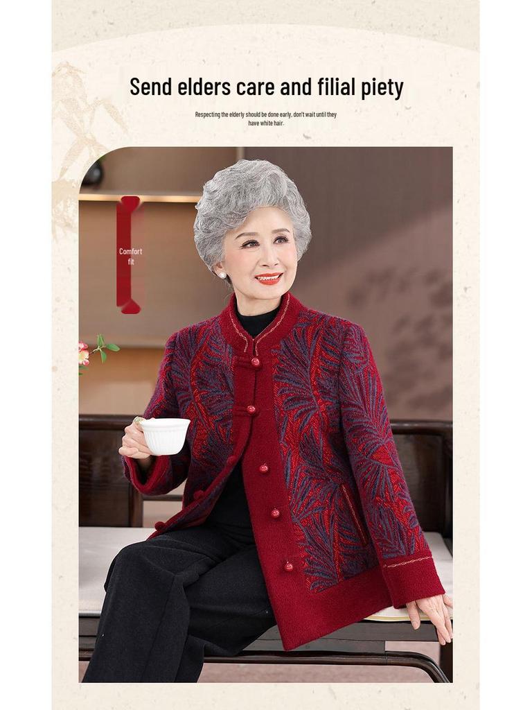 Women's Plus Velvet Woolen Coat for 60s-70s, Mid-aged and Elderly Autumn/Winter Fashion Overcoat