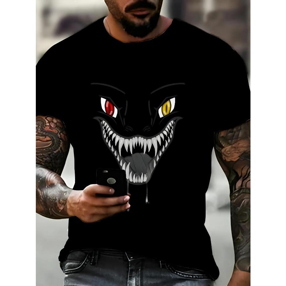 Men's Plus Size Summer T-Shirt with Monster Graphic, Fashionable Eye-Catching Tee, Round Neck, Polyester - Machine Washable, PLUS SIZE