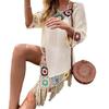 Off-the-shoulder Three-quarter Sleeve Hook Flower Stitching Irregular Tassel Beach Sun-proof Blouse Ethnic Style Dress