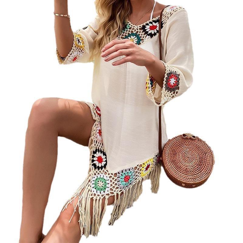 Off-the-shoulder Three-quarter Sleeve Hook Flower Stitching Irregular Tassel Beach Sun-proof Blouse Ethnic Style Dress