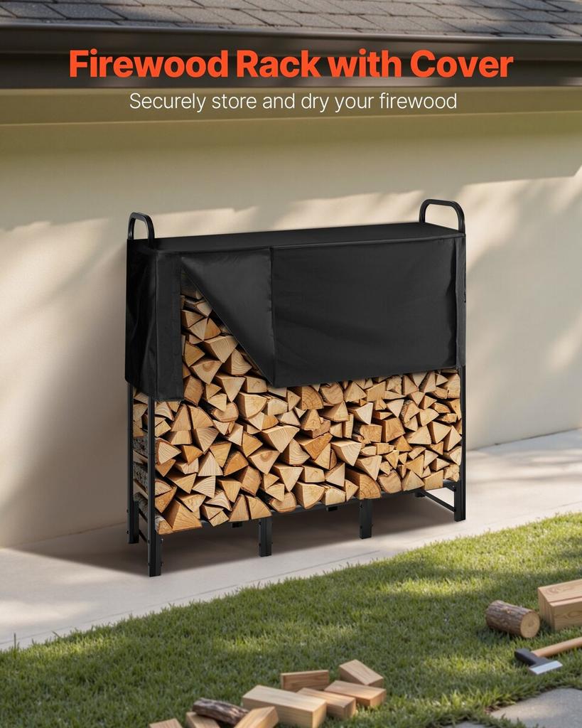 Firewood Rack with Waterproof Cover, 1.22m Outdoor Firewood Holder, 1/4 Cord Storage Metal Log Holder, 400lb Max Weight Capacity, Top Covered,
