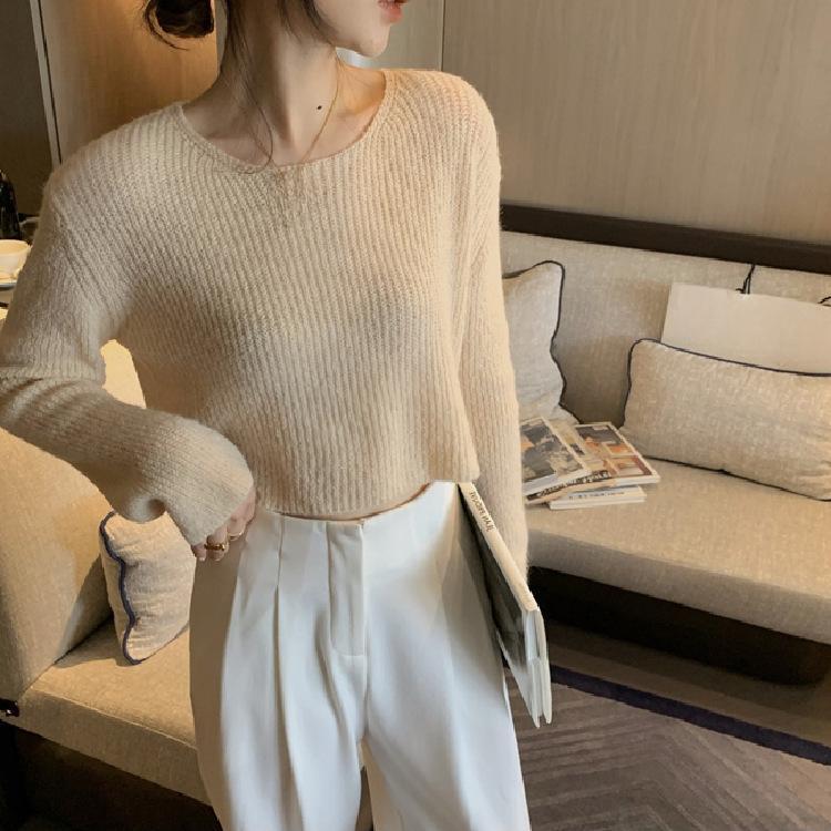 

Повседневный трикотаж женский осенний полый свитер тонкий однотонный круглый вырез пуловер сексуальный джемпер свободный свитер L бежевый