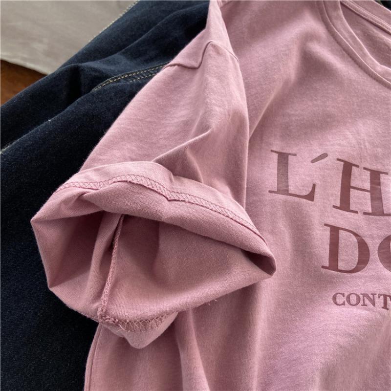 Pink Short Sleeve T-shirt Women's Loose Casual Round Neck Letter Print Thin Large Size Summer Top