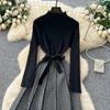 Autumn Winter Women Casual Full Sleeve Striped Knitted Sweater Pullover Lace-up Dresses