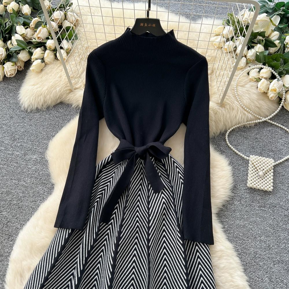 Autumn Winter Women Casual Full Sleeve Striped Knitted Sweater Pullover Lace-up Dresses