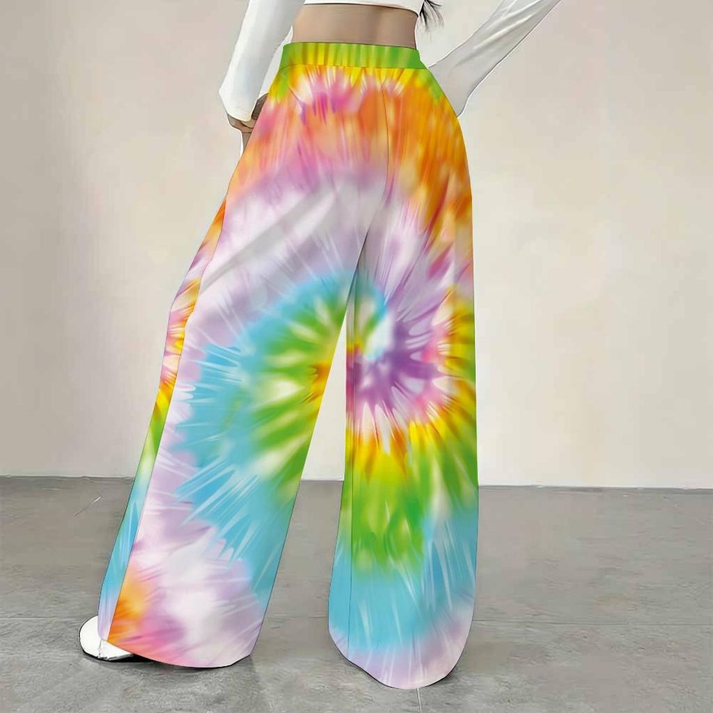Women Multicolor Spiral Print Wide Leg Pants Elastic Waist Drawstring Loose Fit Summer Casual Beach Resort Long Trousers Stree