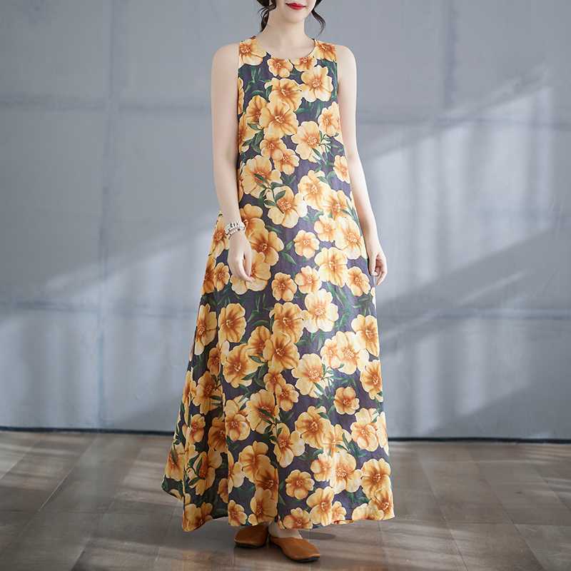 Women's Long Skirt Summer New Round Neck Printed Dress