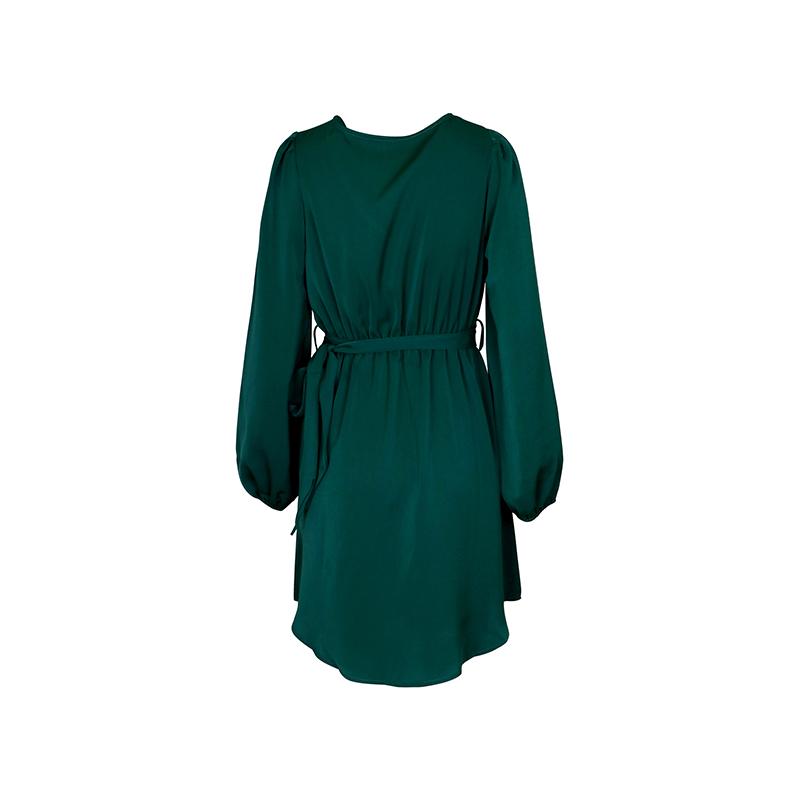 Women Spring Solid Color V Neck Long Sleeve Lace Up All Match Chic Dresses