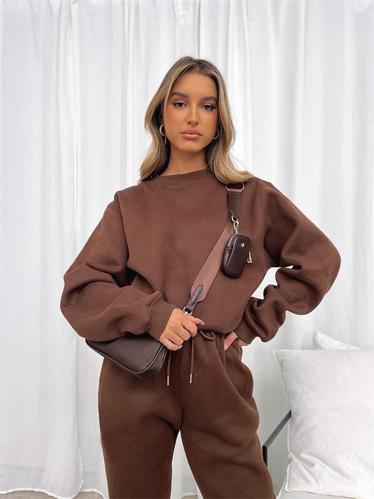 Spring/Autumn Solid Color Crew Neck Pullover Long Pants Women's Fashion Casual Long Sleeve Hoodie Set