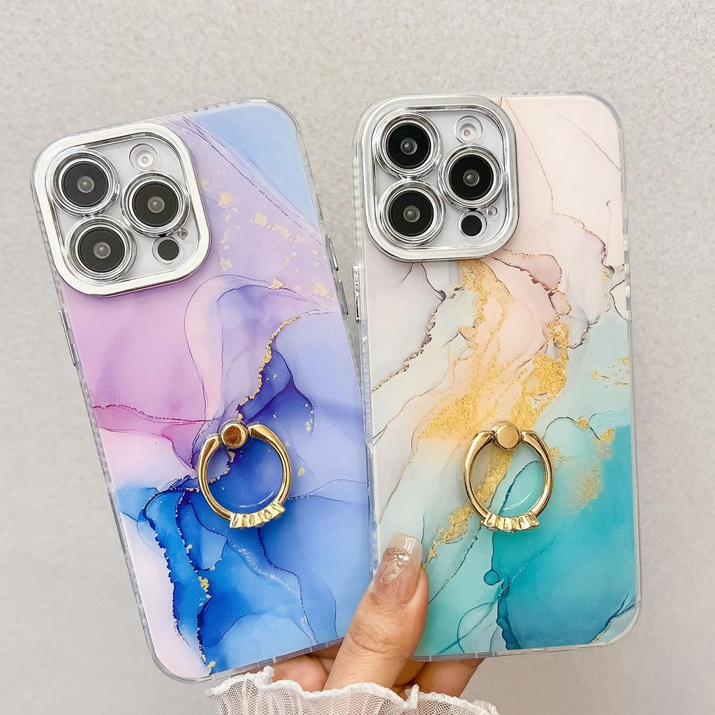 Suitable for IPhone16 Electroplated Phone Case, Apple 15promax Marble-patterned Ring Stand Cover