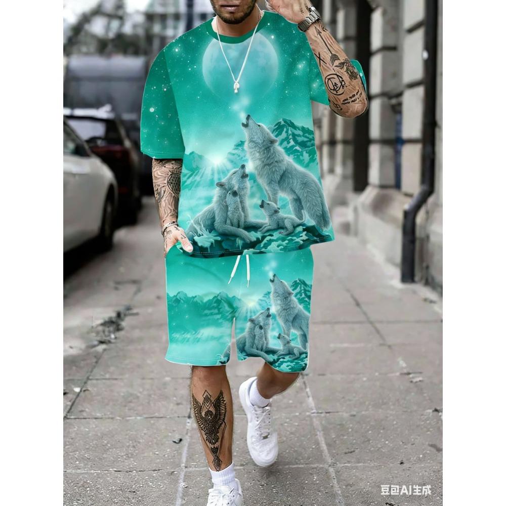 Men's Starry Sky Wolf Pack Print Short-Sleeved T-Shirt and Shorts Set