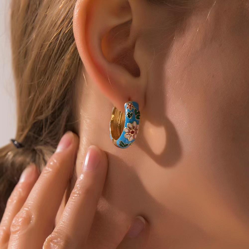 Vintage Multicolor Enamel Flower Round Hoop Earrings Boho Gold Color Circle Round Earrings Statement Jewelry Gifts for Women