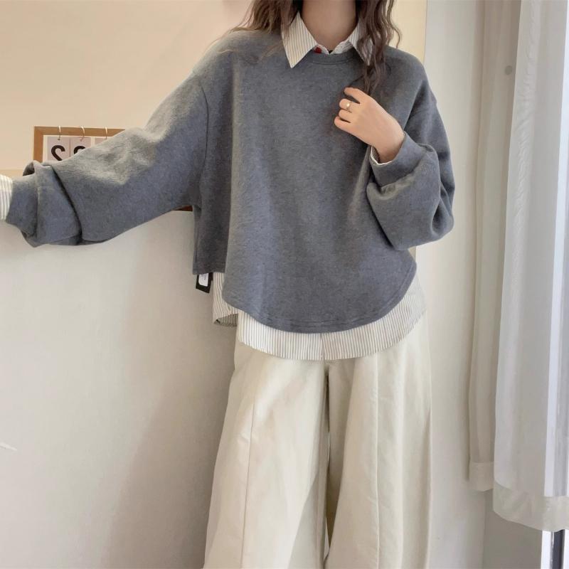 

Plus Size Gray Retro Fake Two-Piece Sweatshirt for Women - Spring Casual, Loose Fit, Hong Kong Style, Petite Short Top. 4XL (90-100 kg)