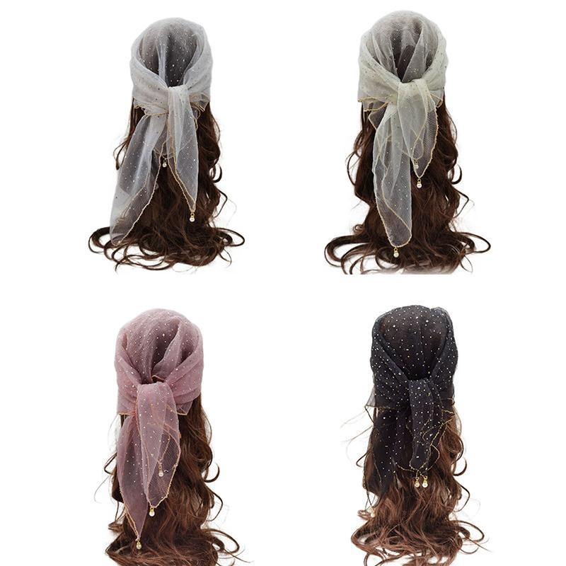 Versatile Pearl Tassel Rhinestone Square Scarf Lace Trim Hair Wrap Full Sky Star Headwrap Solid Color Breathable Fabric Scarf
