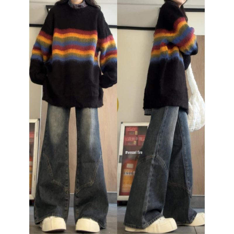 

Plus Size Women s Retro Streetwear Wide-Leg Jeans - Loose, Slimming Micro Flare for Fall/Winter 3XL