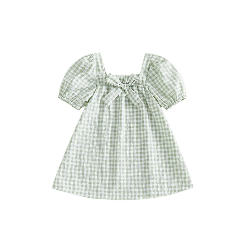 Toddler Girls Summer Dress Fashionable Short Sleeve Square Collar Bow Decorated Plaid Dress