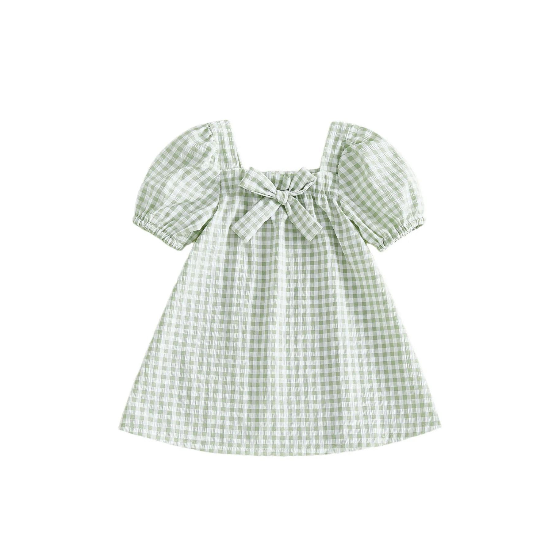 Children Clothing Yulin-001 Unisex Infant Green Toddler Girls Summer Dress Fashionable Short Sleeve Square Collar Bow Decorated Plaid Dress Cm