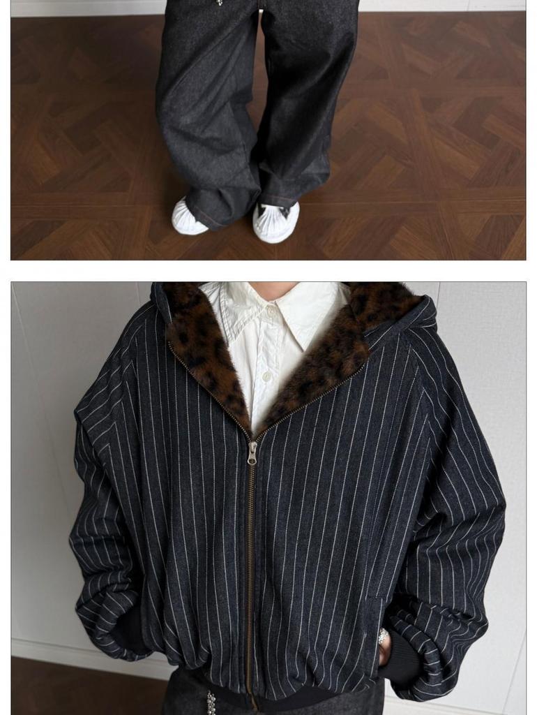 Unisex Hooded Winter Jacket with Vertical Stripes, Leopard Print Lining, and Color Block Patchwork.