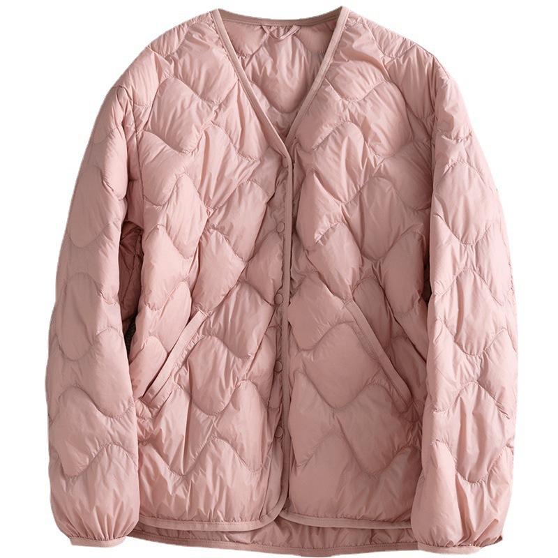 Collarless rhombus light and thin down jacket for women, light and ultra-thin, inner and outer wear, large size V-neck short jacket tide