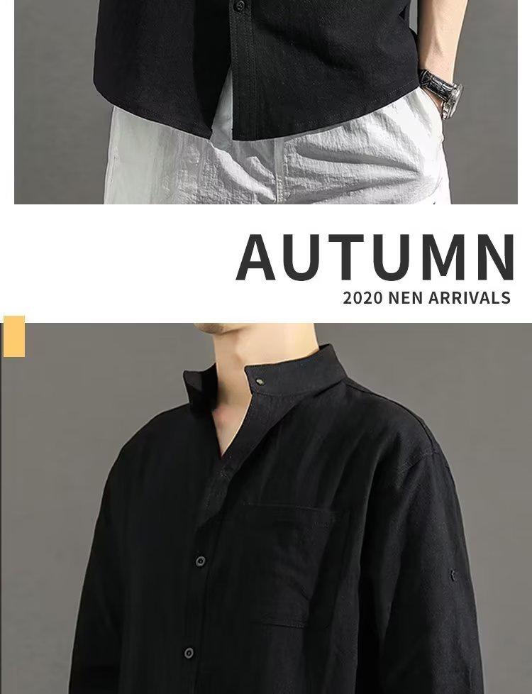 2024 Men's Japanese-Style Casual Stand Collar Shirt - Three-Quarter Sleeve, Loose Fit, Cotton & Linen