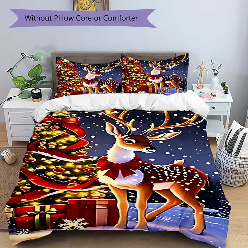 

3pcs Christmas Deer Bedding Set with Red Bow - Festive Decor for Bedroom and Guest Room - Includes One Quilt Cover and Two Pillowcases (No Core) - Ani 135x200cm