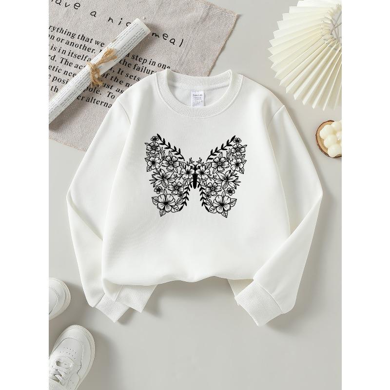 European sizes Girls Crew Neck Sweatshirt Floral Butterfly Pattern Design, Soft Cozy Pullover, Warm Casual for Autumn Winter.
