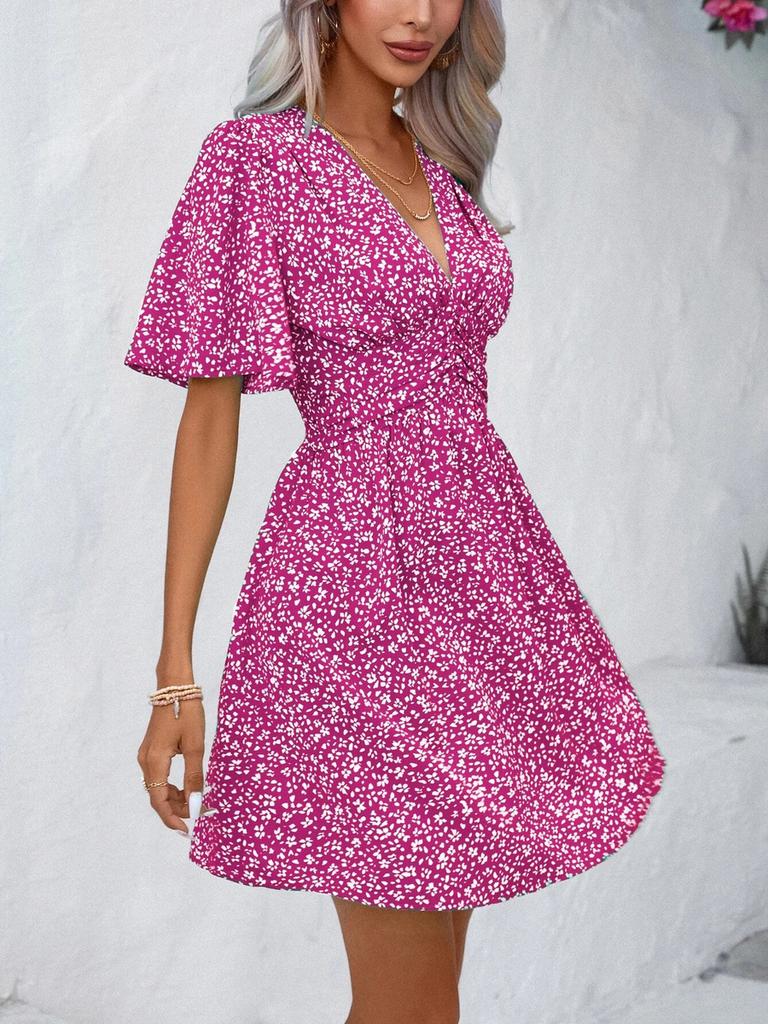 Women's Summer New V-Neck Sleeveless Printed High Waist Floral Ruffled Dress