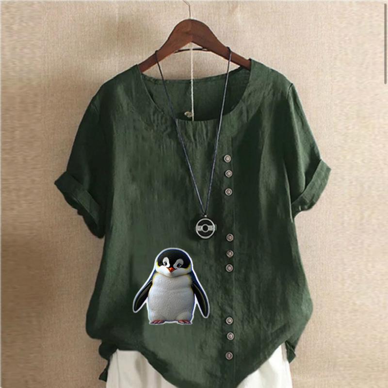 Women's Fashion Penguin Prined Round Neck Short Sleeve T-shirt Casual Cotton Linen Graphic Shirt Leisure Loose Summer Blouse Tops