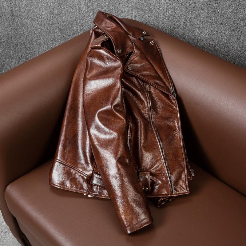 Pure Waxed Full Grain Leather Jacket Mens Heavy Motorcycle Biker Coat Fashion Large Size Outerwear