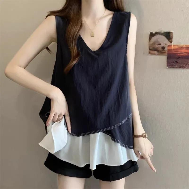 Women s Navy Blue V-Neck Sleeveless Double Layer Casual Tank Top M темно-синий