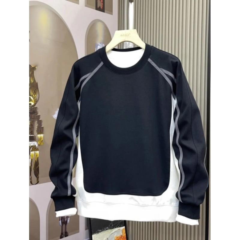 Youth Spring/Summer Patchwork Oversized Long-Sleeve T-Shirt, Stylish Top, Men s Crew-Neck Sweatshirt XS