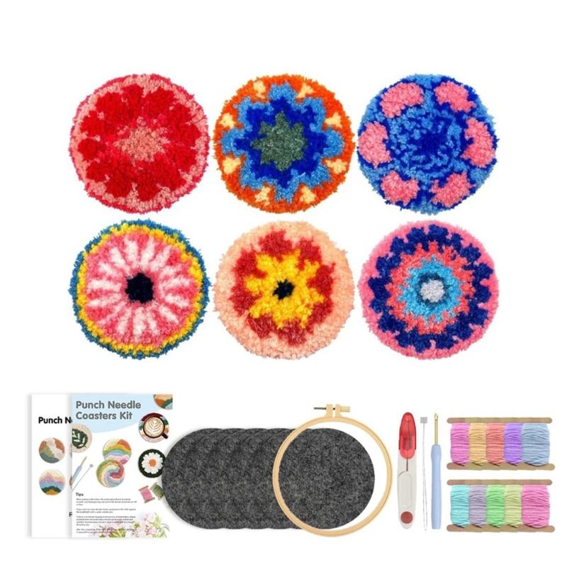 

Punches Needle Embroidery Set With 6 Florals Coasters Pattern and Reusable Tool for Child Adults 1