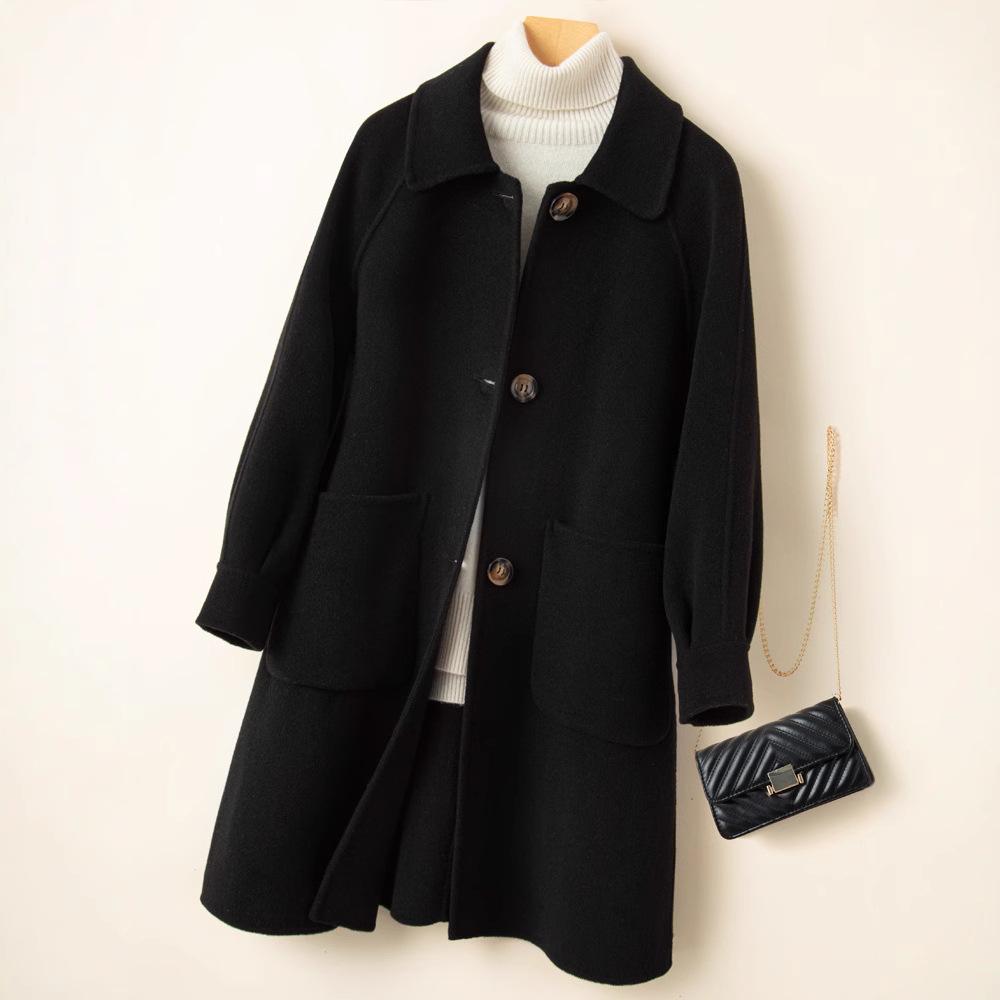 Dámský kašmírový kabát střední délky oboustranný na podzim/zimu - Petite, Čistě ručně šitý, Celovlněný, Zesílený design
