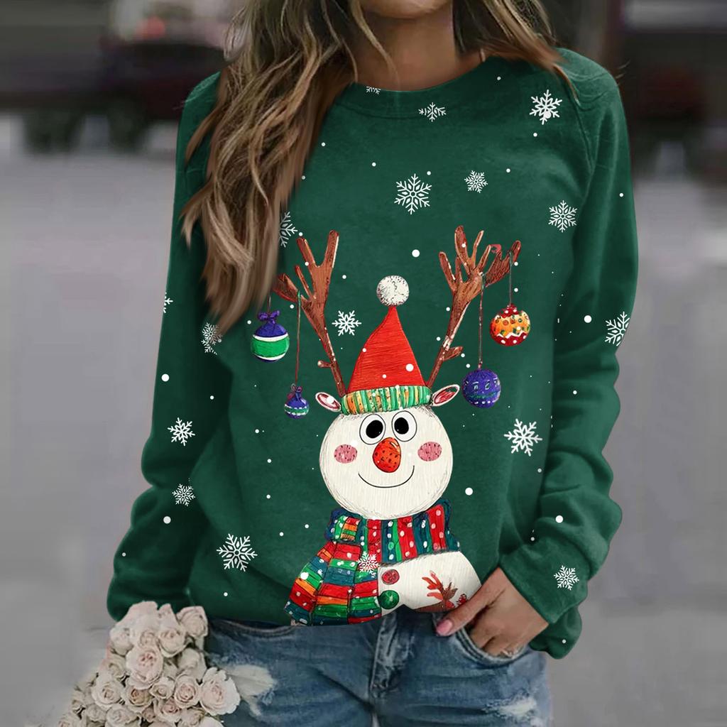 Dámská módní ležérní mikina s dlouhým rukávem a vánočním potiskem na krku