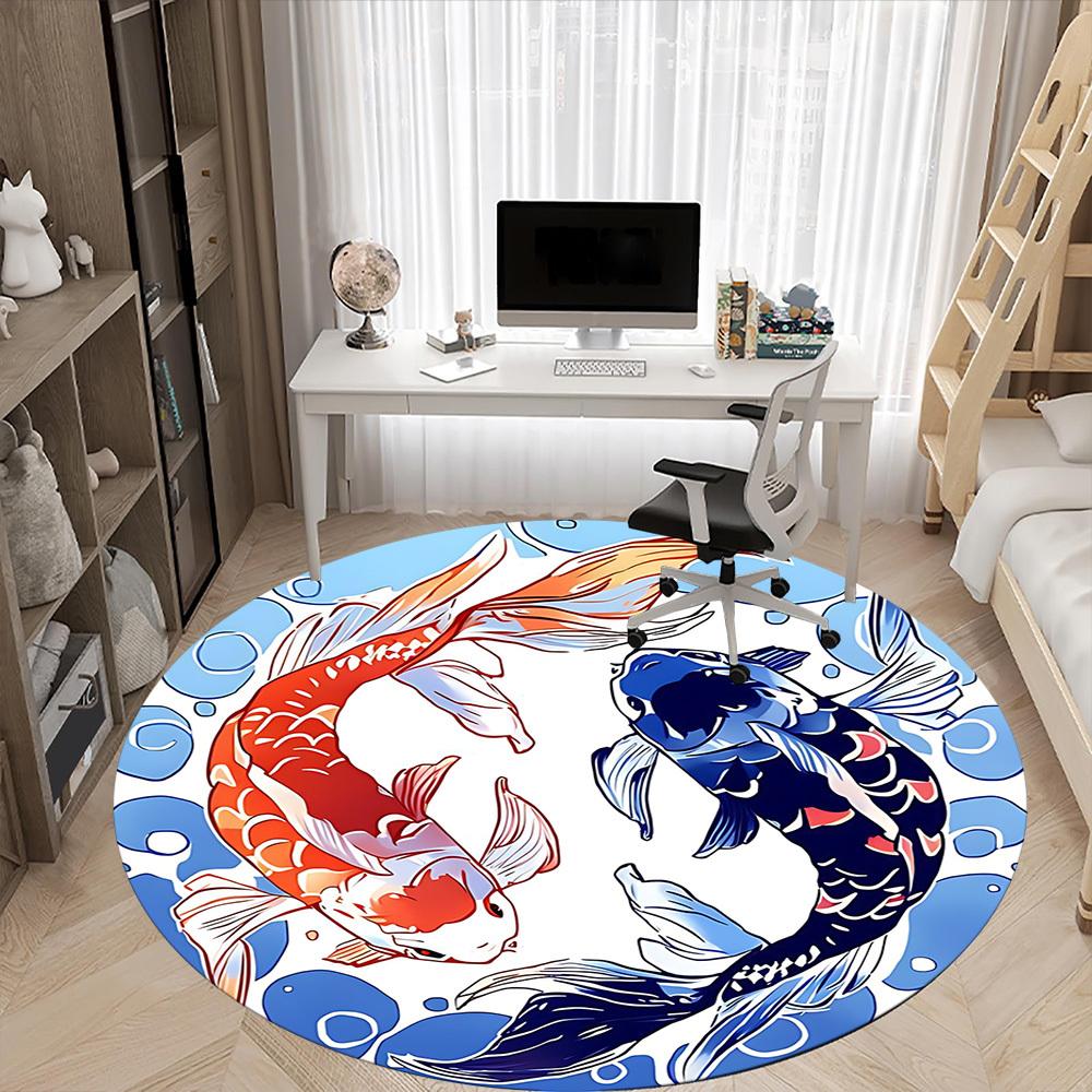 1PC Koi Fish Yin Yang Office Round Rug, Non Slip, Soft and Durable Office Rug for Interior Decoration, Perfect for Office