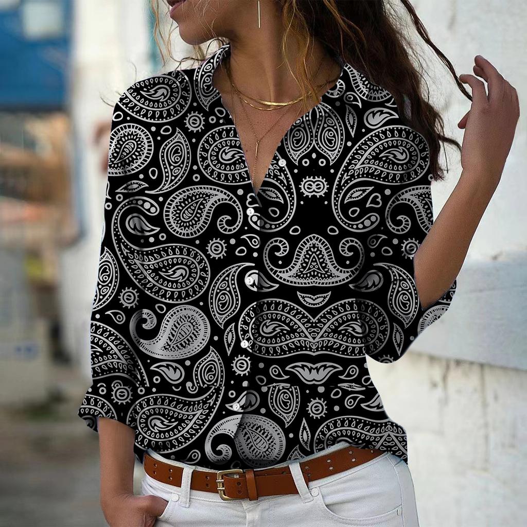 Blusa con estampado de paramecio para mujer, primavera otoño, para oficina, con botones y cuello vuelto