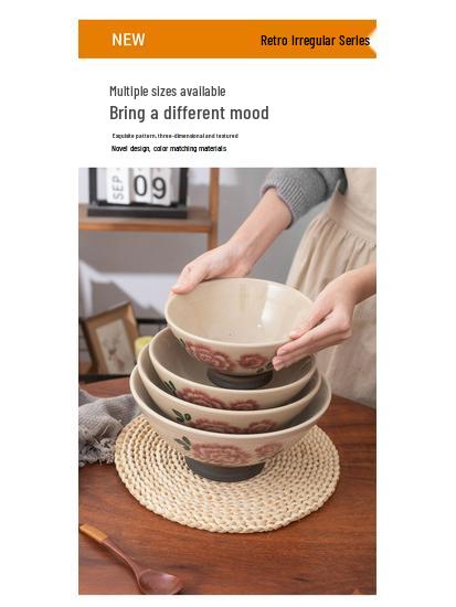 Retro Hand-Painted Floral Ceramic Noodle Bowl - Large Chinese Style Soup/Rice Bowl with Underglaze Color