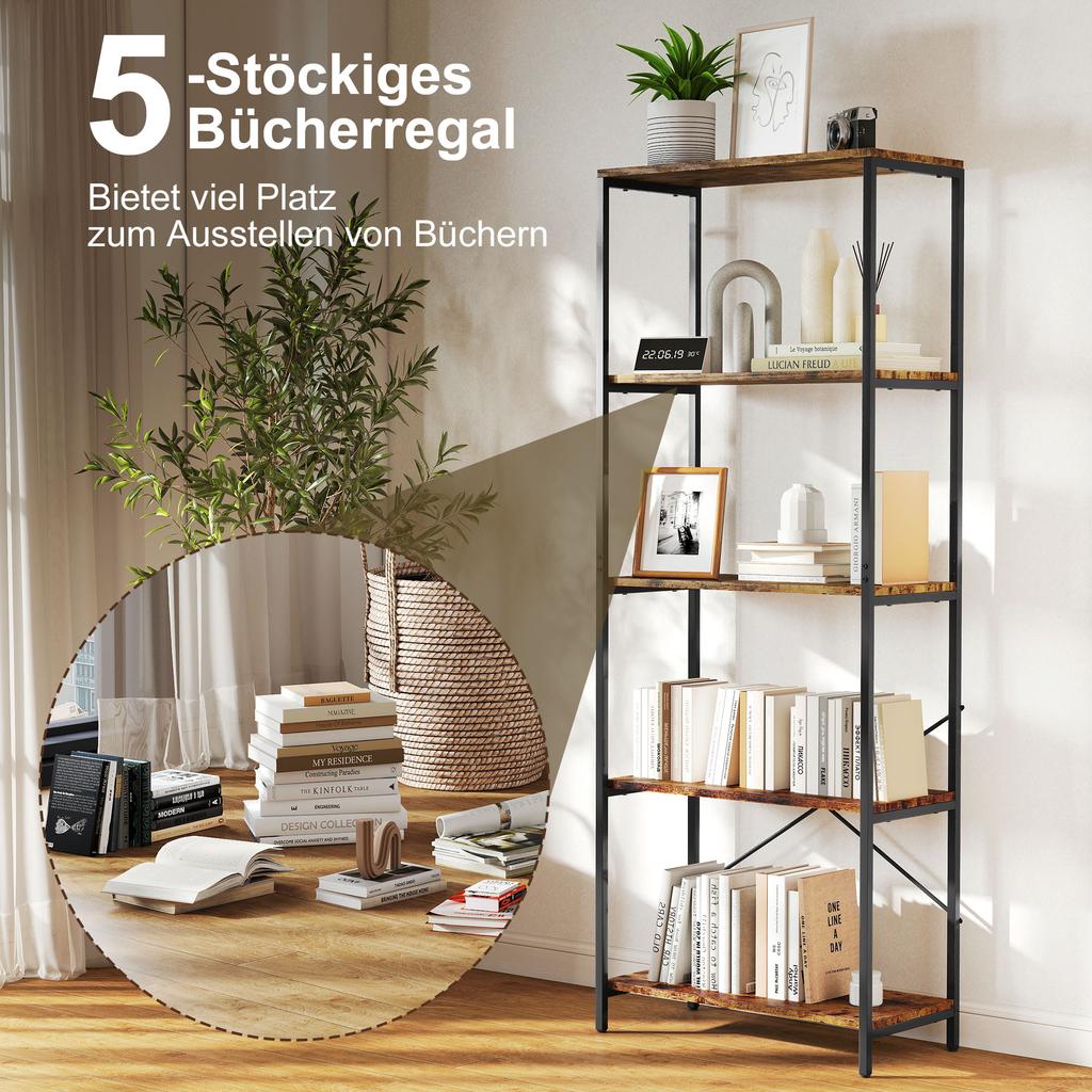 5-Tier Bookshelf, Industrial Bookcase with Metal Frame - Rustic Brown and Black